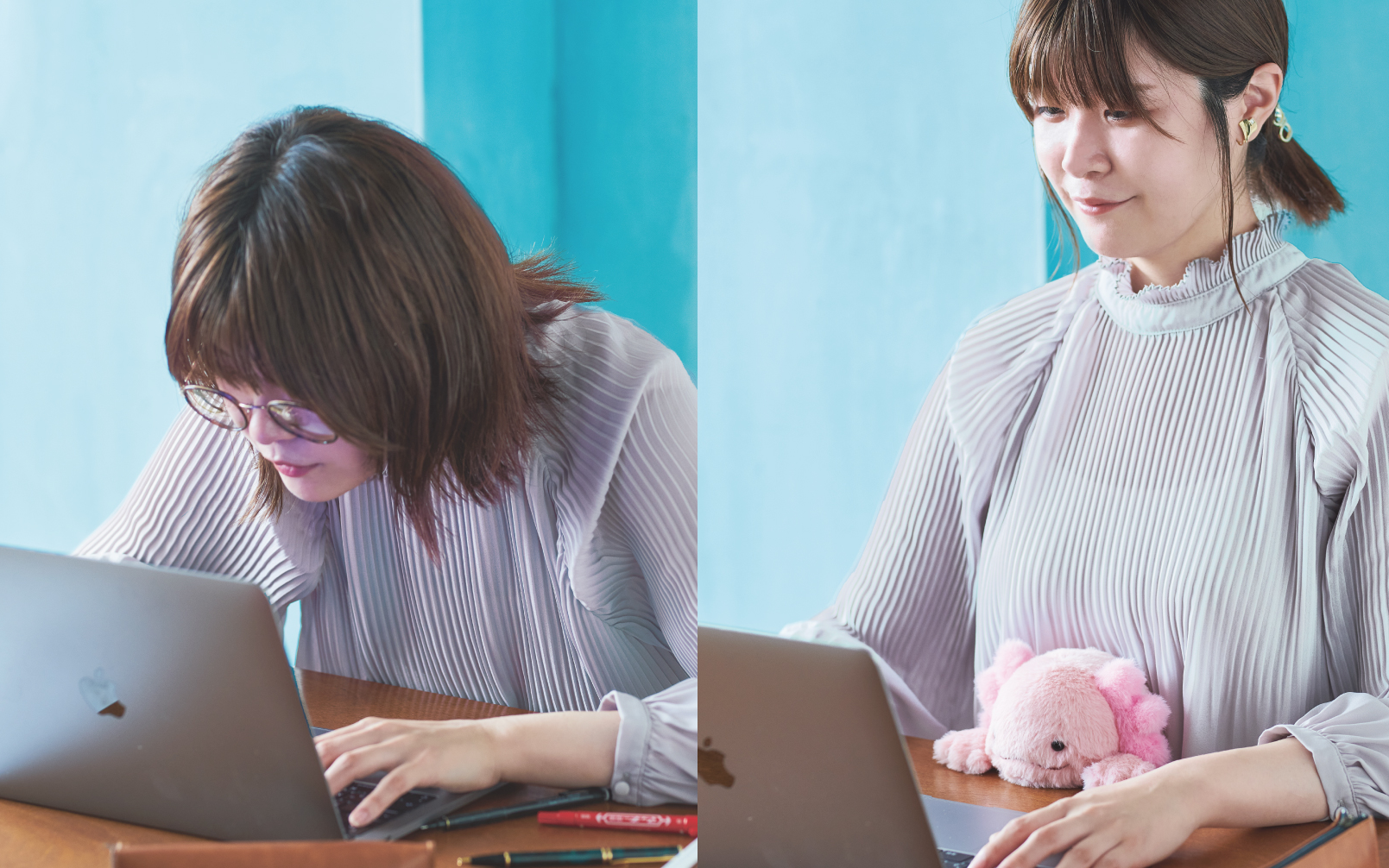 product lifestyle image of axolotl posture pal from posture pal vol 2; two images spliced; left: person sitting at a table with a laptop. their hair is down, they are squinting through glasses, and are hunched over; right: person is sitting straight backed and their hair is in a ponytail. their glasses have been removed. they have axolotl posture pal between their abdomen and the edge of their desk